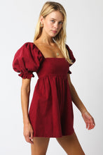Load image into Gallery viewer, NEWEST ARRIVAL Burgundy Denim Puff Sleeve Romper
