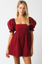 Load image into Gallery viewer, NEWEST ARRIVAL Burgundy Denim Puff Sleeve Romper
