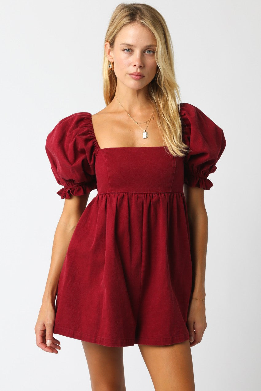 NEWEST ARRIVAL Burgundy Denim Puff Sleeve Romper