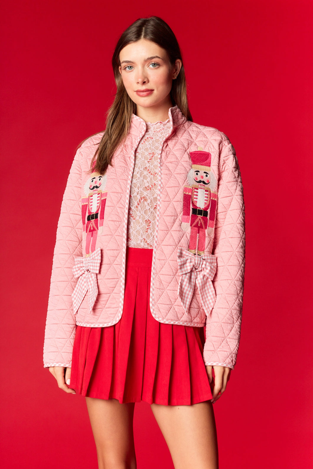 NEWEST ARRIVAL Pink Quilted Nutcracker Bow Cardigan