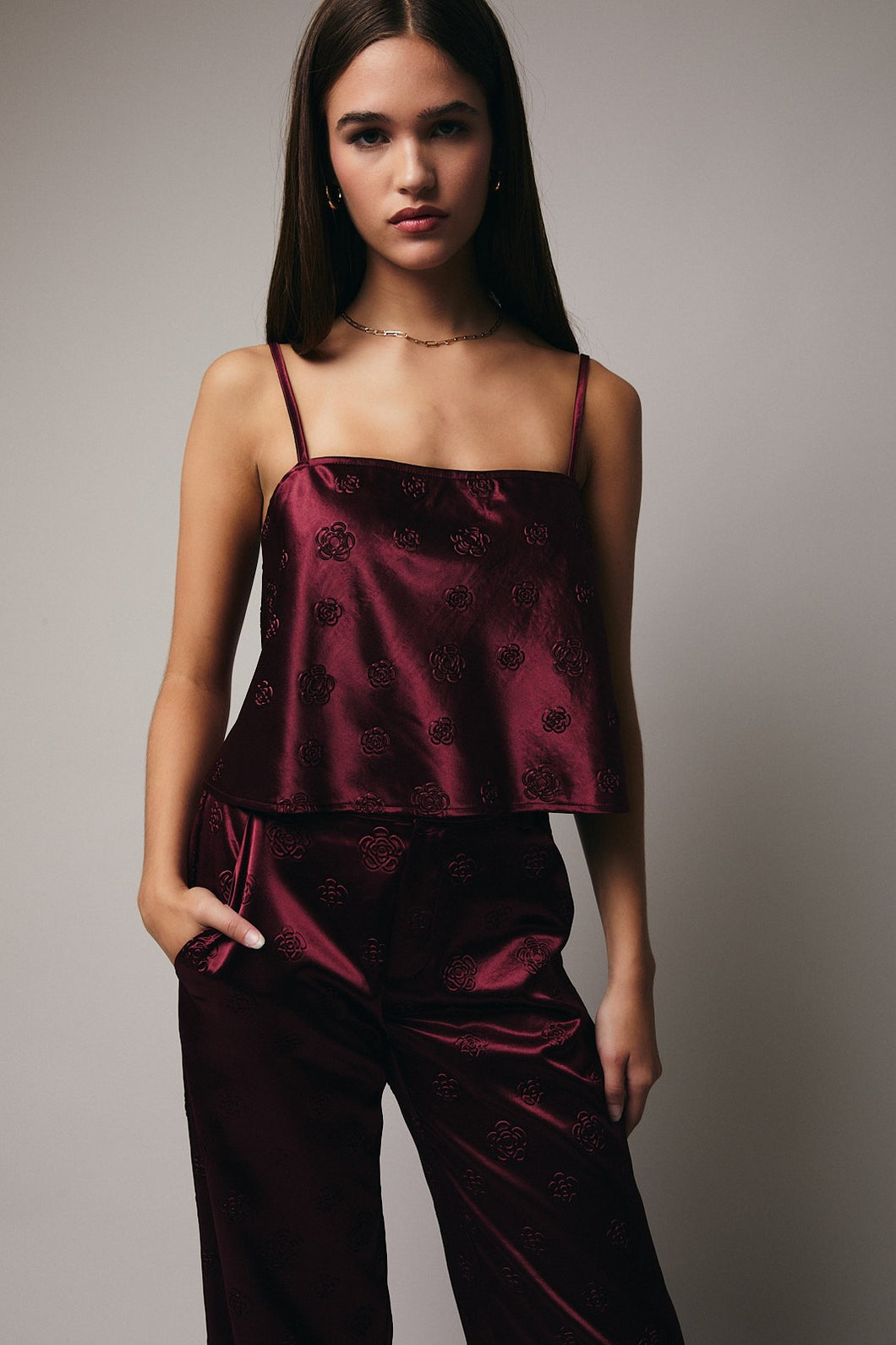 NEWEST ARRIVAL Burgundy Satin Cami Pants Set