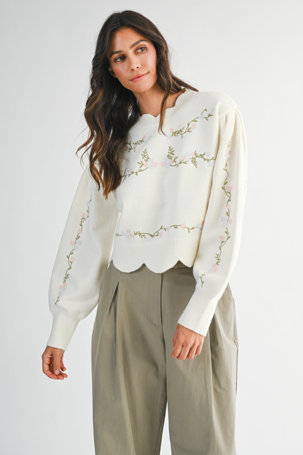 NEWEST ARRIVAL Off White Floral Embroidered Scallop Sweater
