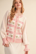 Load image into Gallery viewer, Ivory/Pink Floral Bow Cardigan Sweater
