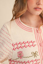 Load image into Gallery viewer, Ivory/Pink Floral Bow Cardigan Sweater
