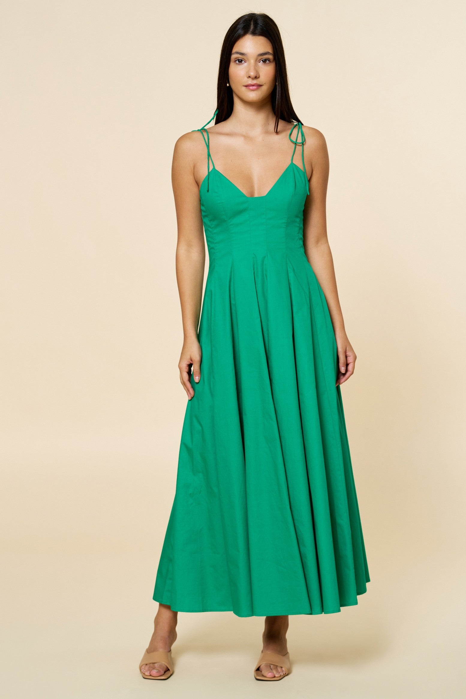 NEWEST ARRIVAL Green Fit and Flare Shoulder Tie Midi Dress – Five Points  Boutique