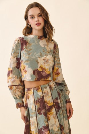 NEWEST ARRIVAL Teal/Brown Floral Pleated Midi Skirt Set