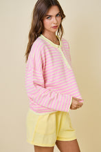 Load image into Gallery viewer, NEWEST ARRIVAL Pink/Yellow Striped Henley Knit Long Sleeve Top
