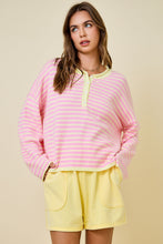 Load image into Gallery viewer, NEWEST ARRIVAL Pink/Yellow Striped Henley Knit Long Sleeve Top
