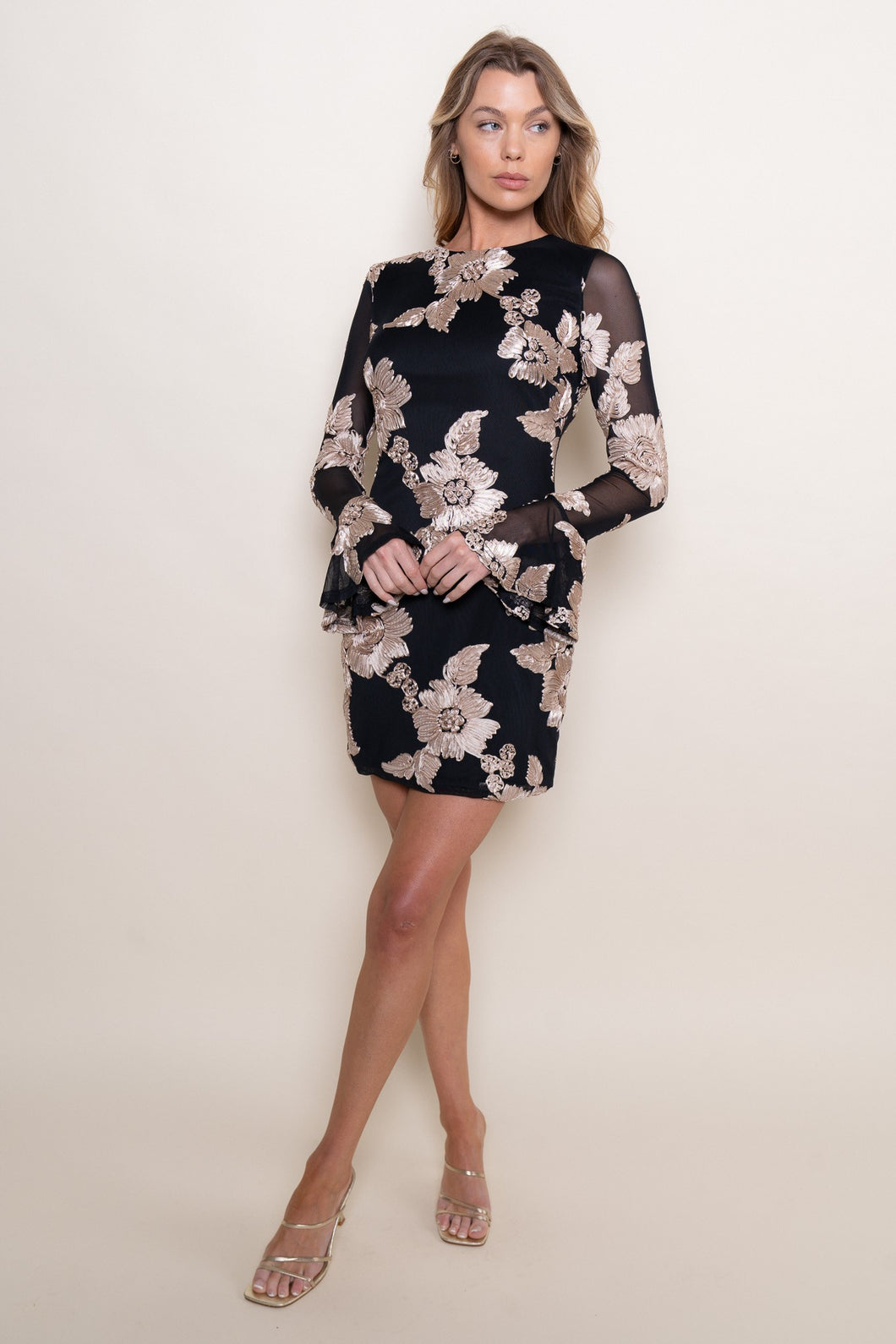 NEWEST ARRIVAL Black/Taupe Floral Bell Sleeve Mini Dress