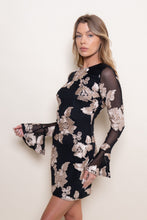 Load image into Gallery viewer, NEWEST ARRIVAL Black/Taupe Floral Bell Sleeve Mini Dress
