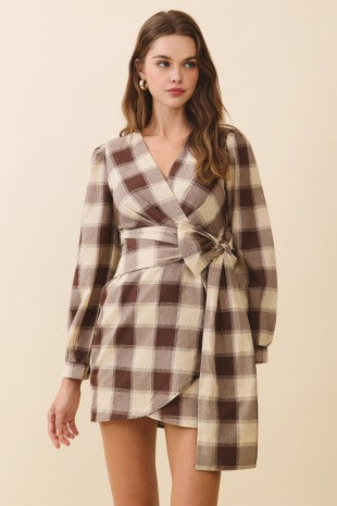 NEWEST ARRIVAL Brown Plaid Wrap Dress