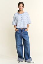 Load image into Gallery viewer, NEWEST ARRIVAL Blue/Ivory Striped Cropped Fuzzy Boxy Cardigan
