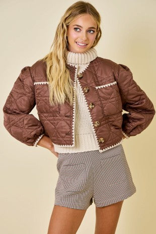 NEWEST ARRIVAL Brown Quilted Crop Jacket