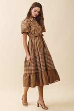 Load image into Gallery viewer, NEWEST ARRIVAL Brown Striped Puff Sleeve Midi Dress
