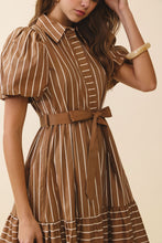 Load image into Gallery viewer, NEWEST ARRIVAL Brown Striped Puff Sleeve Midi Dress
