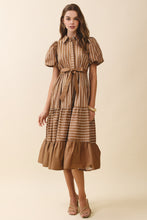Load image into Gallery viewer, NEWEST ARRIVAL Brown Striped Puff Sleeve Midi Dress
