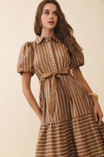 Load image into Gallery viewer, NEWEST ARRIVAL Brown Striped Puff Sleeve Midi Dress
