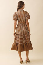 Load image into Gallery viewer, NEWEST ARRIVAL Brown Striped Puff Sleeve Midi Dress
