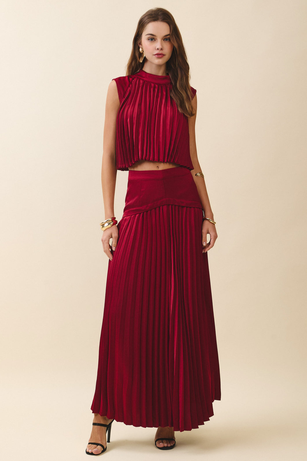 NEWEST ARRIVAL Wine Burgundy Pleated Maxi Skirt Set