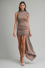 Load image into Gallery viewer, NEWEST ARRIVAL *PREORDER 3/6* Mocha Ruched Mini Dress with Drape
