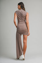 Load image into Gallery viewer, NEWEST ARRIVAL *PREORDER 3/6* Mocha Ruched Mini Dress with Drape
