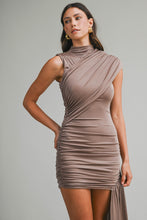 Load image into Gallery viewer, NEWEST ARRIVAL *PREORDER 3/6* Mocha Ruched Mini Dress with Drape
