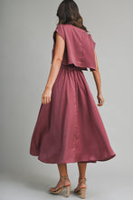 Load image into Gallery viewer, NEWEST ARRIVAL Burgundy Satin Crop Midi Skirt Set
