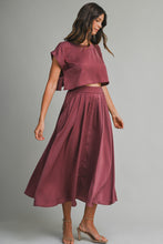 Load image into Gallery viewer, NEWEST ARRIVAL Burgundy Satin Crop Midi Skirt Set
