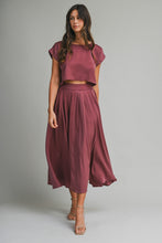 Load image into Gallery viewer, NEWEST ARRIVAL Burgundy Satin Crop Midi Skirt Set

