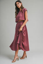 Load image into Gallery viewer, NEWEST ARRIVAL Burgundy Satin Crop Midi Skirt Set
