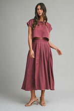 Load image into Gallery viewer, NEWEST ARRIVAL Burgundy Satin Crop Midi Skirt Set
