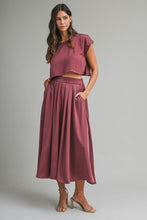 Load image into Gallery viewer, NEWEST ARRIVAL Burgundy Satin Crop Midi Skirt Set
