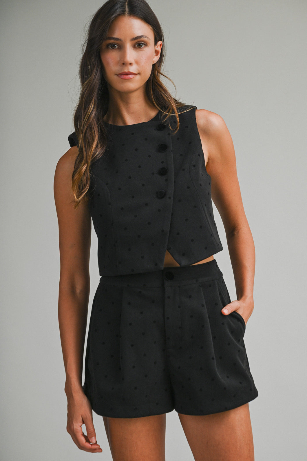 NEWEST ARRIVAL Black Polka Dot Pleated Shorts Set
