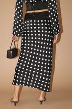 Load image into Gallery viewer, NEWEST ARRIVAL Black Satin Long Sleeve Polka Dot Midi Skirt Set
