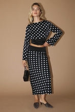 Load image into Gallery viewer, NEWEST ARRIVAL Black Satin Long Sleeve Polka Dot Midi Skirt Set
