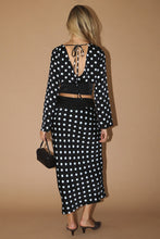 Load image into Gallery viewer, NEWEST ARRIVAL Black Satin Long Sleeve Polka Dot Midi Skirt Set
