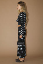 Load image into Gallery viewer, NEWEST ARRIVAL Black Satin Long Sleeve Polka Dot Midi Skirt Set
