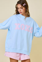 Load image into Gallery viewer, LAST ONE Baby Blue XOXO Pink Plaid Gingham Patch Sweatshirt
