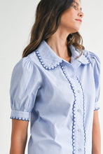 Load image into Gallery viewer, NEWEST ARRIVAL Blue Striped Scallop Trim Button Down Blouse
