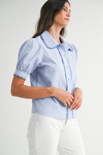 Load image into Gallery viewer, NEWEST ARRIVAL Blue Striped Scallop Trim Button Down Blouse
