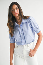 Load image into Gallery viewer, NEWEST ARRIVAL Blue Striped Scallop Trim Button Down Blouse
