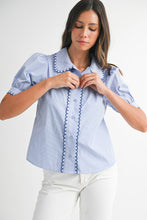 Load image into Gallery viewer, NEWEST ARRIVAL Blue Striped Scallop Trim Button Down Blouse

