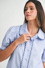 Load image into Gallery viewer, NEWEST ARRIVAL Blue Striped Scallop Trim Button Down Blouse
