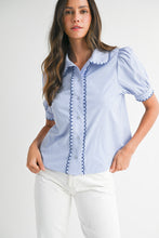 Load image into Gallery viewer, NEWEST ARRIVAL Blue Striped Scallop Trim Button Down Blouse

