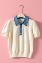 Load image into Gallery viewer, NEWEST ARRIVAL Cream Knit Denim Collar Top
