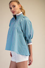 Load image into Gallery viewer, NEWEST ARRIVAL Mint Blue/Pink Striped Mock Band Blouse
