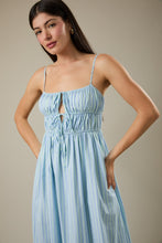 Load image into Gallery viewer, LAST ONE Blue/Mint Striped Front Ruched Tie Midi Dress
