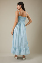 Load image into Gallery viewer, LAST ONE Blue/Mint Striped Front Ruched Tie Midi Dress
