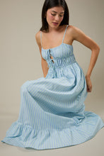 Load image into Gallery viewer, LAST ONE Blue/Mint Striped Front Ruched Tie Midi Dress
