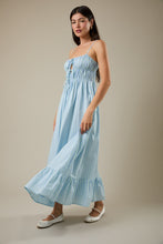 Load image into Gallery viewer, LAST ONE Blue/Mint Striped Front Ruched Tie Midi Dress
